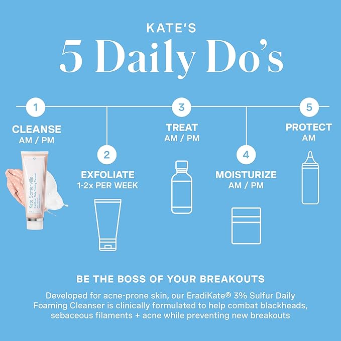 Kate Somerville EradiKate 3% Sulfur Daily Foaming Cleanser Acne Treatment – Clinically Formulated Medicated Face Wash Balances Skin and Cleans Pores, 2-Pack of 4 Fl Oz Each