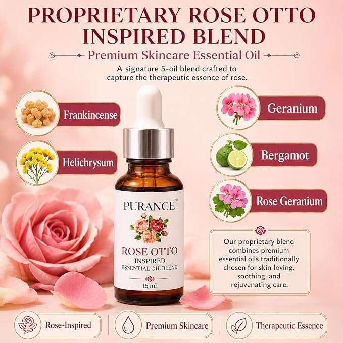 Rose Otto Inspired Essential Oil Blend 15ml – Botanical Aromatherapy Blend with Helichrysum, Frankincense, Neroli, Geranium & Bergamot – for Therapeutic Massage