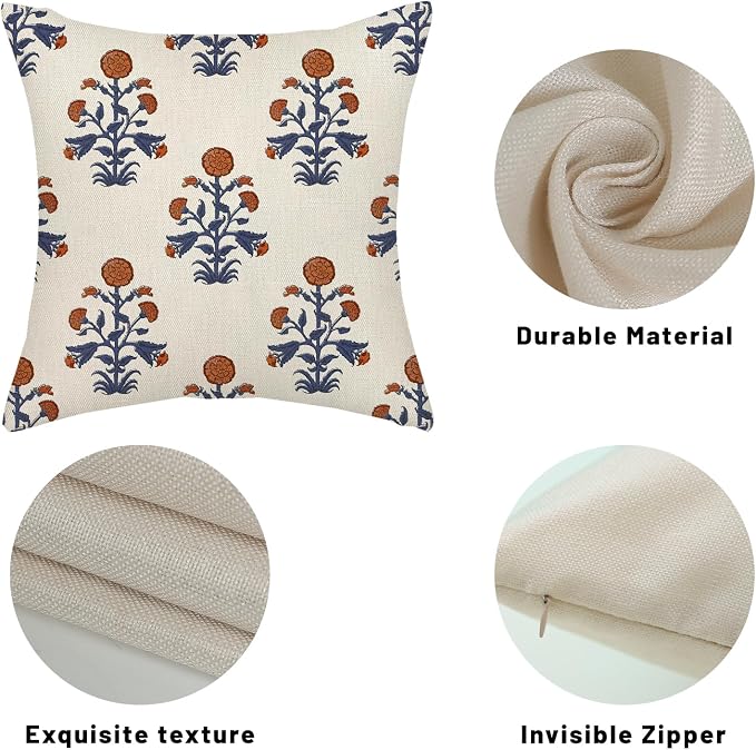 Orange Navy Blue Floral Pillow Covers 18x18 Inch Set of 2 Block Print Flower Boho Decorative Throw Pillows Modern Vintage Outdoor Pillow Cases Linen Farmhouse Cushion Cases for Couch Sofa Decor
