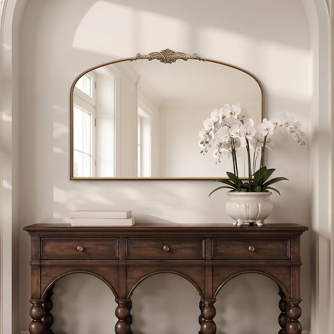 Besdomus Vintage Arch Gold Mirror: 48"x33" Oversize Brass Decorative Mirror | French Baroque Metal Framed - Traditional Ornate for Home Renovation Decor - Ideal for Foyer/Entryway/Fireplace/Living Room