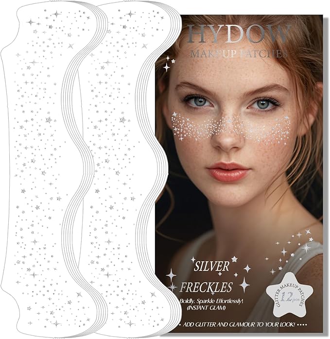 Glitter Freckles, Holographic Face and Body Glitter Tattoo Sparkle for Women Gold Glow Cosmetic Star Makeup Accessories for Festival Rave (12pcs Silver)