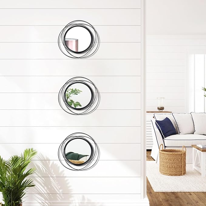 3 Set Round Mirrors for Wall Decor Living Room Bedroom Bathroom Dining Room Metal Circle Mirror Set Boho Decorative Sunburst Wall Art Accent Entryway - Black 9.5 in