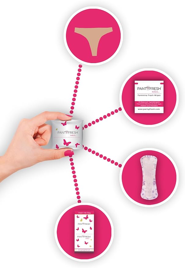 to-Go Panty Kit Includes 4 Items Seamless Thong Underwear Fresh Wipe Pantyliner & Washbag Travel First Period Kit Feminine Hygiene Incontenance Emergency