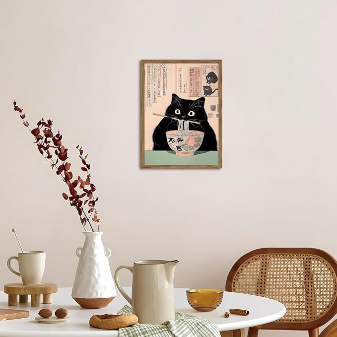 Funny Japanese kitchen Black Cat Wall Art, Whimsical Cat Eating Noodles Wall Decor Painting, Cute Animal Canvas Poster Eclectic Pet Dining Room Prints Artwork Wood Framed 16x24 inch