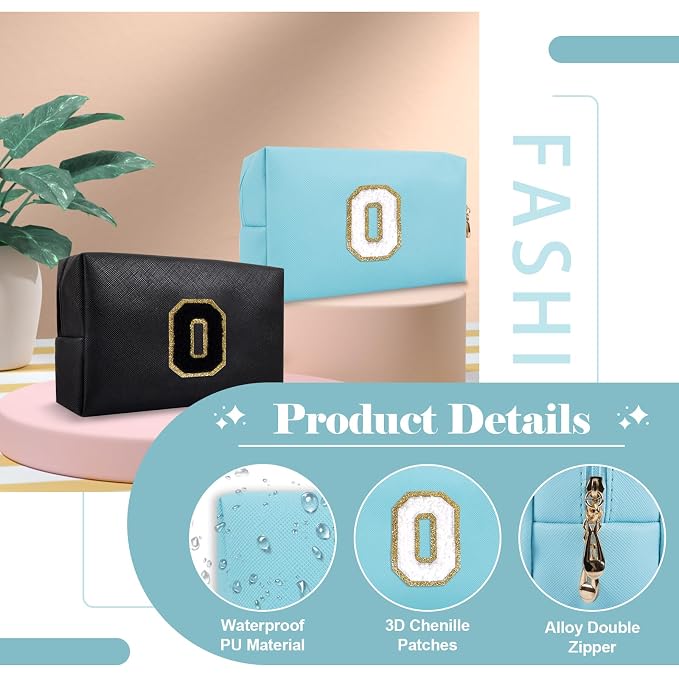 Small Personalized Initial A-Z Preppy Patch Makeup Bag,PU Chenille Letter Travel Cosmetic Pouch with Zipper,Blue Cute Toiletry Bag,Gift Ideal for Teen Girls Women Teacher Bridesmaid,Letter O