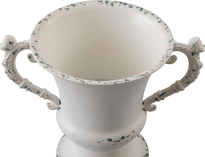 SOFE Distressed White Metal Vase, Decorative Flower Vase 7 Inch Tall | Small Urn Planter for Wedding Home Decor, Ideal Shelf Decor, Living Room Dining Room, Kitchen Office Table Centerpieces