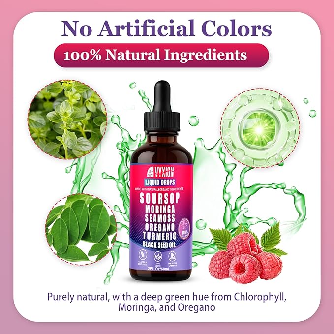Soursop Bitters Liquid Drops 10 in 1 with Sea Moss, Moringa, Turmeric, Black Seed Oil, Oregano, Ashwagandha | Herbal Extracts for Overall Health-Enhancing |Vegan, Non-GMO| 2 Fl Oz(Mixed Berry Flavor)