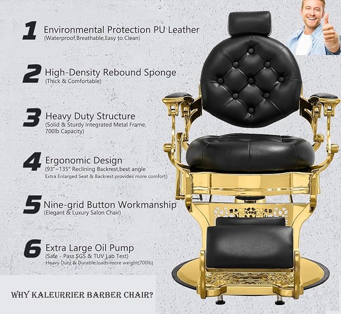 Kaleurrier Hair Styling Chair Reclining: Men’s Barber Chairs for Barber Station - Heavy Duty Salon Chair with Footrest for Hair Stylist Wide Seat Gold and Black