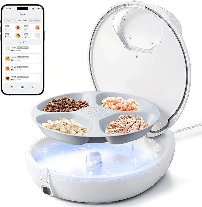 Robotail Automatic Cat Feeder for Wet Food, Smart Dual-Temp Semiconductor Cooling & Heating Auto Cat Feeder with Multi-Function App, 4 Fresh Meal for Cats Small Dog Easy to Clean