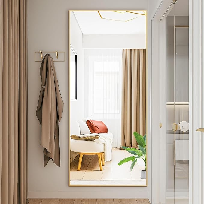 DUMOS 24"x65" Full Length Mirror with Stand, Full Body Floor Mirror | Free Standing or Wall Mount, Nano Glass Aluminum Frame, Hanging or Leaning, Modern Simple Home Decor, Gold