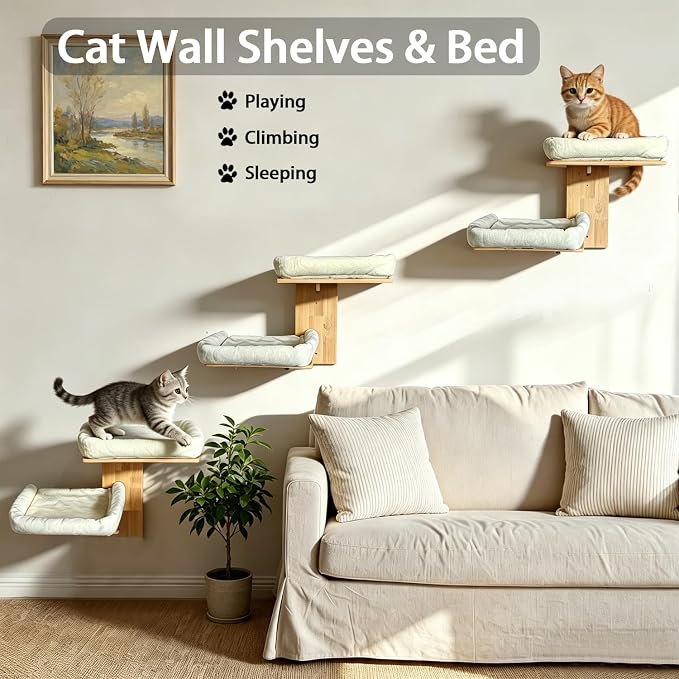 Cat Wall Shelves with Cat Bed 2 in 1 Furniture with Soft Cushion Perch & Pet Cooling Mat 2 Platform Climbing Wall Systems Tree Tower for Indoor Cats Rubber Wood Corner Floating Shelf