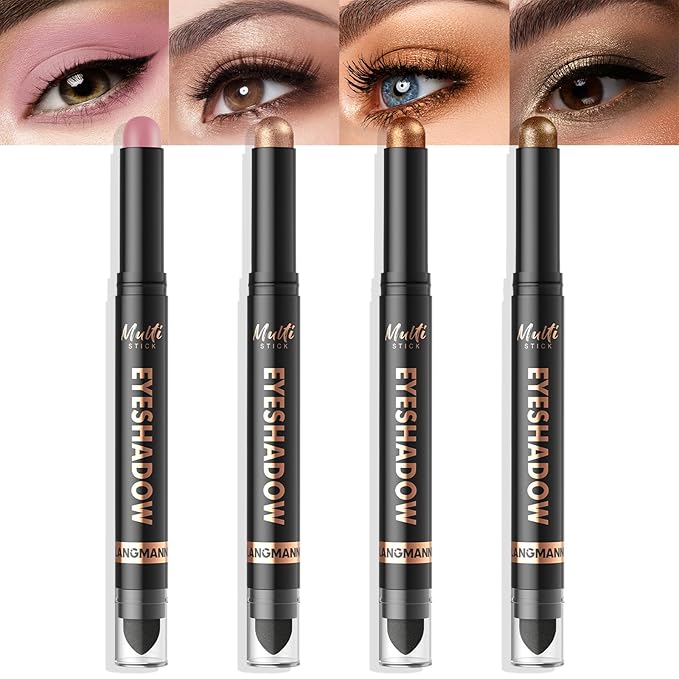 LANGMANNI 4Colors Dual-Ended Cream Eyeshadow Stick Set – Silky Smooth, Waterproof & Transfer-Proof, Built-in Blender Brush, All-Day Matte & Shimmer Wear Eye Makeup(#9+10+11+12)