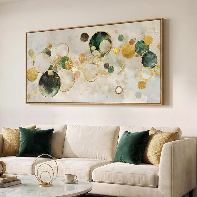 Extra Large Framed Abstract Canvas Wall Art for Living Room, Oversized Horizontal Prints Paintings Artwork for walls, Modern Gold Circle Pictures Wall Decor for Bedroom, Office, Dining Room 30x60 In