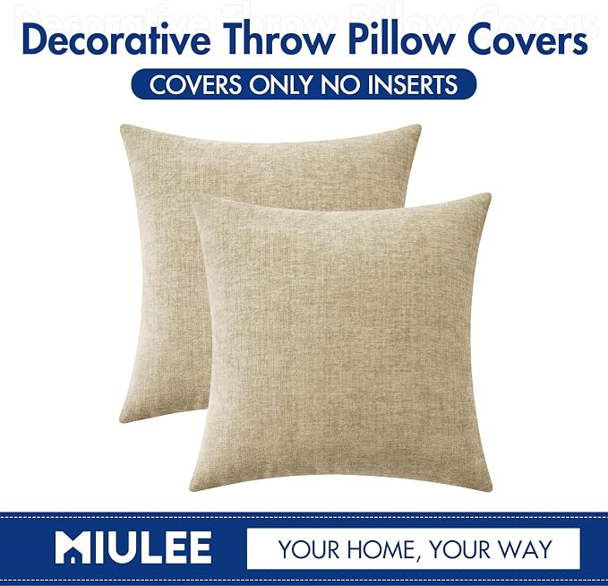 MIULEE Soft Chenille Throw Pillow Covers Beige 20x20 Inch Pack of 2 | Modern Home Decor, Classic Decorative Pillows, Solid Dyed Cases, Boho Couch Cushion Covers for Sofa Bed Living Room