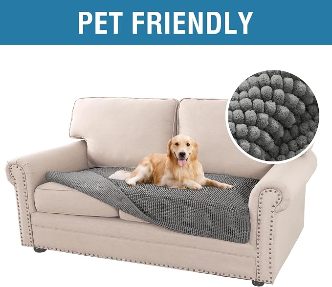 H.VERSAILTEX Plush Chenille Dog Bed Cover Thick Soft Loveseat Cover for 2 Cushion Couch Anti Slip Couch Cover Furniture Protector for Dog, Pet, Cat (35" x 62", Grey)