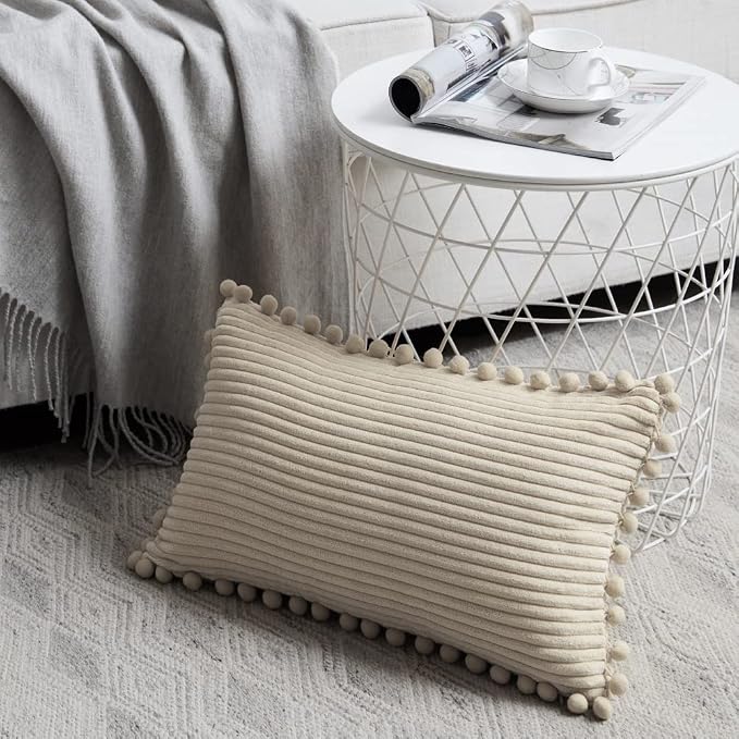 Fancy Homi Pack of 2 Tan Lumbar Decorative Throw Pillow Covers with Pom-poms, Soft Corduroy Solid Rectangle Cushion Cases Set for Couch Sofa Bedroom Car Living Room (12x20 Inch/30x50 cm, Beige)