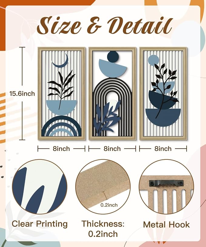 Putuo Decor Boho Abstract Wall Art, Set of 3, Modern Botanical Wooden Wall Decor, Blue Mid-Century Minimalist Framed Artwork for Living Room Bedroom, Office