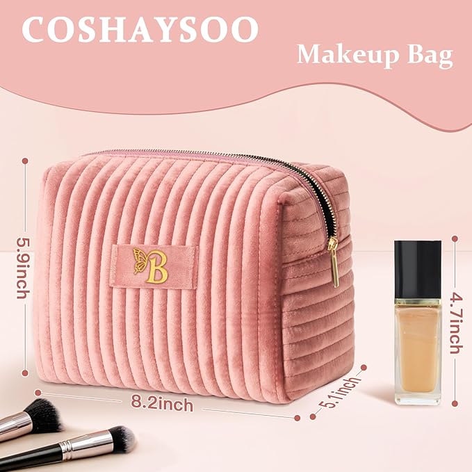 COSHAYSOO Gifts for Women Anniversary Wife Girlfriend Aunt Her Birthday Present Travel Size Makeup Bag Quilted Make Up Cosmetic Pouch Skin Care Essentials Organizer Pink Velvet Initial Letter B