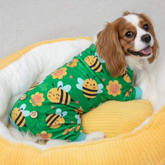 KYEESE Velvet Dog Pajamas for Small Dogs Soft Onesie Shirt, Little Bee | 4-Way Stretch, Lightweight & Breathable, Reduces Shedding, Gentle on Sensitive Skin, Recovery Support, Easy Potty Breaks