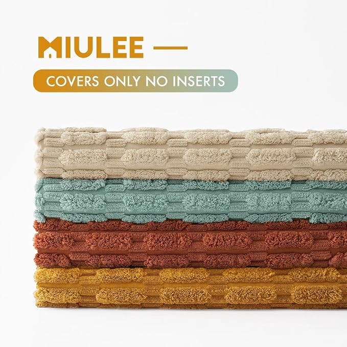 MIULEE Pack of 4 Corduroy Decorative Throw Pillow Covers 18x18 Orange Teal | Neutral Rustic Farmhouse Boho Soft Striped Pillow Covers,Home Decor for Sofa,Living Room,Couch,Bed