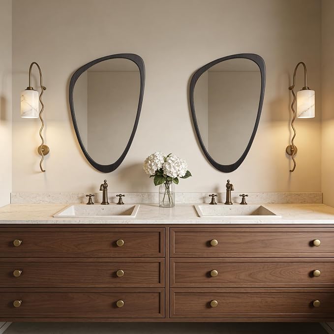 Asymmetrical Mirror, Irregular Wall Mirror, Wall Mirrors Decorative for Bedroom Living Room Entryway Hall, Wood Mirror for mid Century Modern Decor 30" H x 19" W, Dark Brown