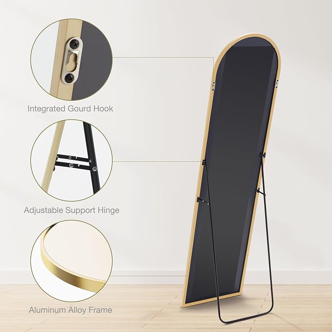DUMOS 59"x16" Arched Full Length Mirror with Stand, Full Body Floor Mirror | Free Standing or Wall Mount, Nano Glass Aluminum Frame, Hanging or Leaning, Modern Simple Home Decor, Gold
