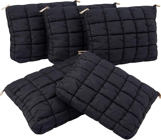 Soft Quilted Puffy Makeup Bag Bulk for Women, Aesthetic Puffer Cosmetic Bag Pouch for Purse (Black 5)