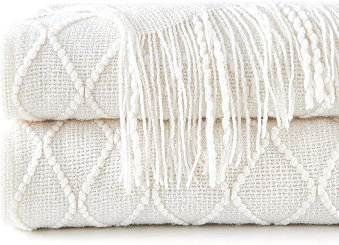inhand Off White Knitted Throw Blanket for Couch and Bed, 60"x80" | Soft Cozy Knit Blanket with Tassel, Lightweight Decorative Blankets and Throws, Farmhouse Warm Woven for Men and Women