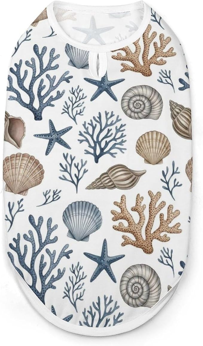 Fashion Cat Shirt Dog Tank Tops Pet Soft Breathable Clothes Cute Decor Ocean Shells Starfish Coastal Blue Grey Beige Brown White