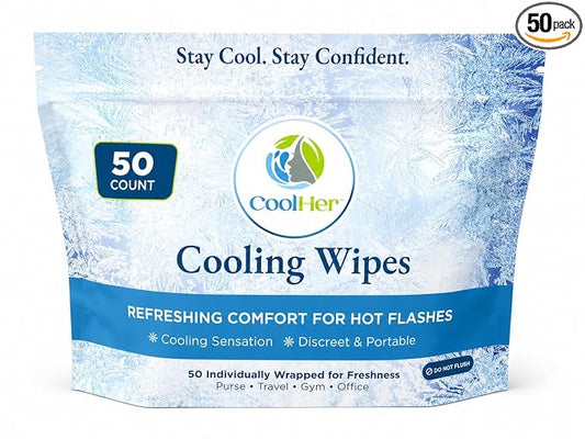 Cooling Wipes for Women – Gentle Cooling for Hot Flashes, Hot Weather & Travel – Individually Wrapped Cooling Wipes – Not Overpowering (50 Count)