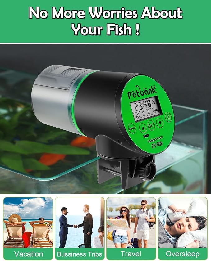 Automatic Fish Feeder for Aquarium Easy Setup & 4 Timers Green | 200ML Rechargeable Auto Food Dispenser for Flakes & Pellets, LCD Display, Vacation Feeding for Small Tank Betta Koi Turtle