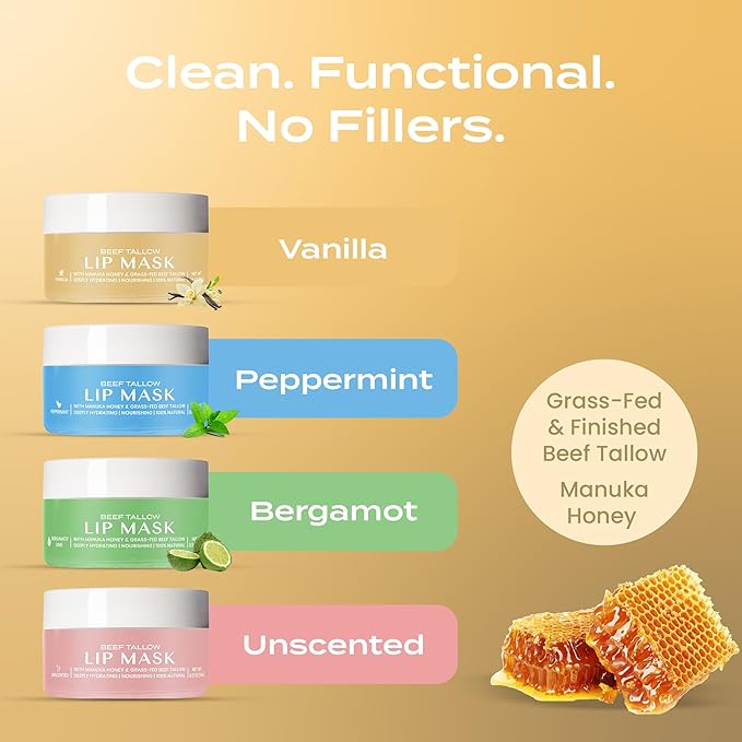 Body Restore Grass Fed Beef Tallow Lip Mask, with Manuka Honey – Christmas Stocking Stuffers, White Elephant, Hydrating Moisture, Travel Essentials, Self Care, Birthday Gifts for Women, Men – Vanilla