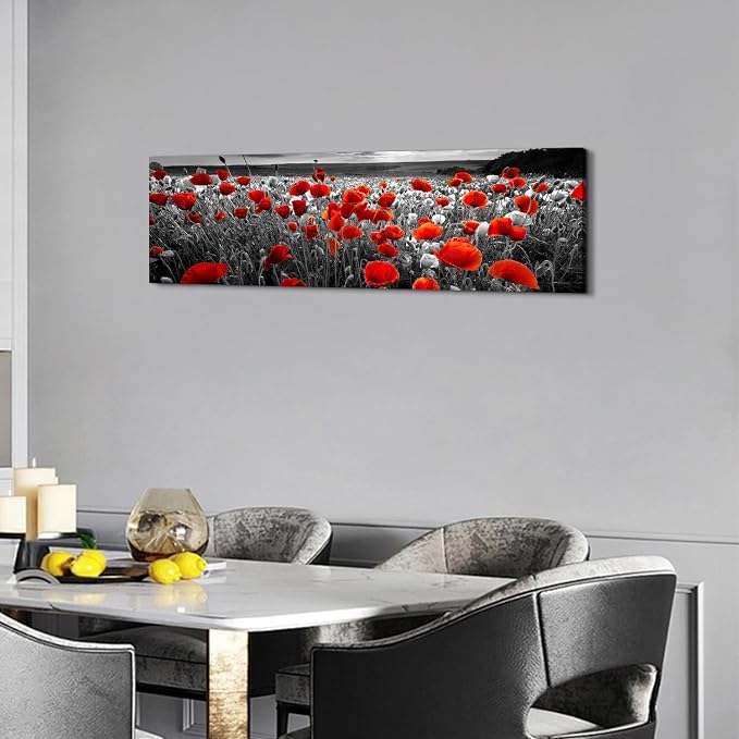 Nature Poppy Wall Art Red and Black Wall Decor Wildflower Field Landscape Picture Canvas Prints Sunrise Poppies Floral Painting Botanical Poster Artwork Living Room Bedroom Home Decorations 14x48”