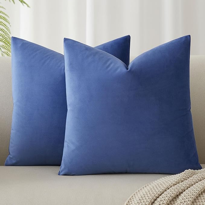 JUSPURBET 16x16 Decorative Velvet Throw Pillow Covers Cases Set of 2,Blue | Modern Soft Cushion Covers with Hidden Zipper for Couch Sofa Bed Living Room Bedroom Home Decor