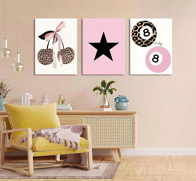 Trendy Pink Leopard Bow Canvas Wall Art Set of 3 Funky Cherry Lucky 8 Ball Posters Prints Wall Decor Cute Coquette Preppy Aesthetic Pictures for Girls Bedroom Dorm Apartment 16x24 In Framed