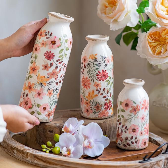 Vintage Vase Set of 3, Ceramic Vintage Flower Vases, Chinoiserie Decorative Home Decor Retro Floral Vase Rustic Farmhouse Decor for Table Bookshelf Mantel Kitchen Living Room Office - Colorful Daisy