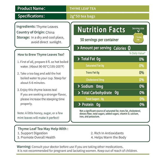 Samcci - Thyme Tea Bags, 50 Count - Made with 100% Pure Thyme Leaves, Supports Digestion, Caffeine-Free, Additive-Free, Sugar-Free, Gluten-Free, Vegan.Non-GMO, Plant-Based Corn Fiber Mesh Bags