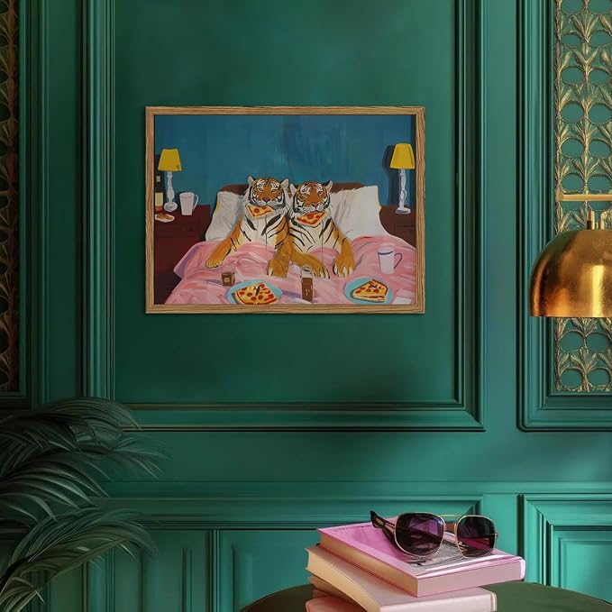 Framed Funny Tiger Wall Art, Eclectic Tigers Eating Pizza in Bed Pictures Wall Decor, Whimsical Animal Paintings Canvas Prints Humor Home Decor for Living Room Bedroom Office 16x24 inch
