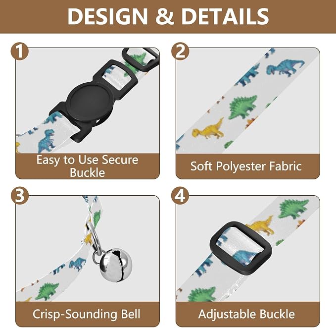 Colorful Cartoon Dinosaurs Dog Collar 2 Pack Soft Polyester Pet Collar Adjustable Length 10.6" to 17.1"