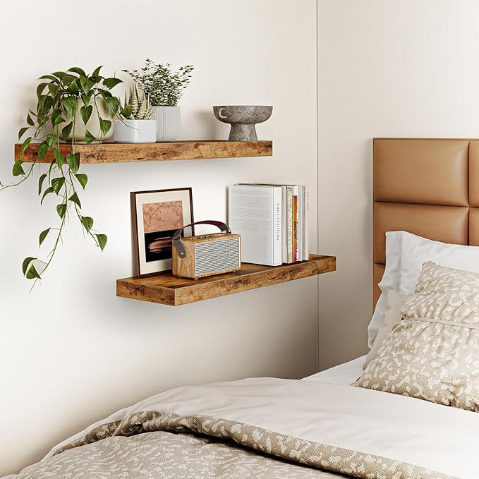 Fixwal Floating Wall Shelves for Decor (Rustic Brown, Set of 2, 22Inch) | MDF Shelf with Metal Brackets, Space Saving for Books , Decor, Fits Bathroom, Kitchen, Bedroom, or Office