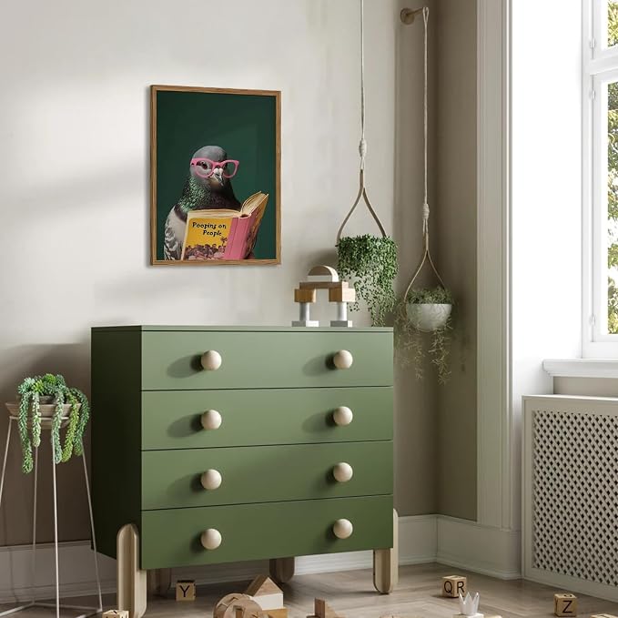Framed Funny Pigeon Wall Art, Humorous Bird Reading Wall Decor Paintings, Pooping on People Book Pictures Canvas Print Eclectic Home Decor for Bathroom Living Room Office Dorm 12x16 inch