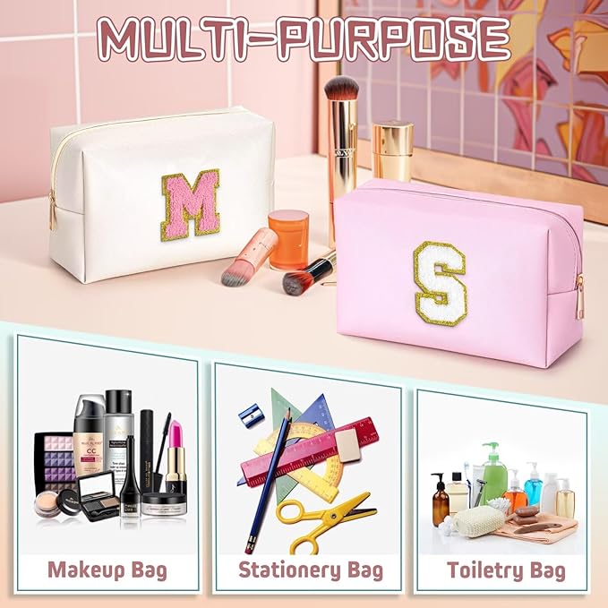TOPEAST Personalized Birthday Gifts for Women, Preppy Patch Makeup Bag, Chenille Letter Pouch Cosmetic Bag, Travel Organizer, Gifts for Friends Cute Stuff for Women (Pearly White L)