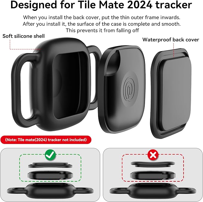DDJ Waterproof Dog Collar Holder for Life360 Tile Mate Tracker, 4-Pack Durable Silicone Cover, Anti Lost for Tile Tracker Case for Cat & pet Collars, Easy Installation, Black, Pink Punch, Blue, Pink