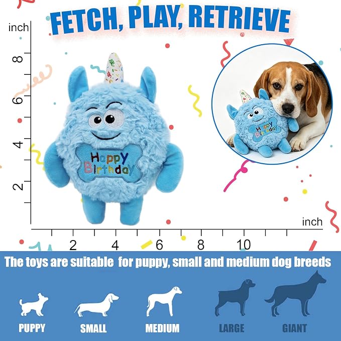 Monster Dog Birthday Toy for Gifts, Stuffed Dog Plush Toy, Blue | Crinkle Squeaky, Soft Lightweight Toy for Fetch and Chew, Interactive Outdoor Indoor Play for Tug, For Puppy Small Medium Dog