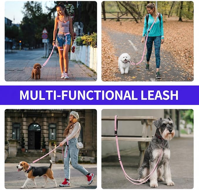 Kazazoo Hands-Free Dog Leash Adjustable Length 5-8 Ft,Waist & Crossbody Leash for Walking with Small Dogs Bichon Frisé & Teddy Reflective Strips, Ballistic Nylon, Waist Belt, Lightweight Pink