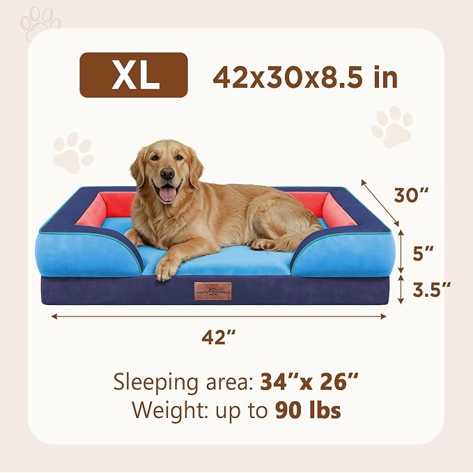 Comfort Expression Orthopedic Dog Bed for Extra Large Dogs with Bolster | Waterproof Dog Couch Bed with Washable Cover & Non-Slip Bottom, Supportive Egg Crate Foam XL Pet Bed, 42x30 Inch