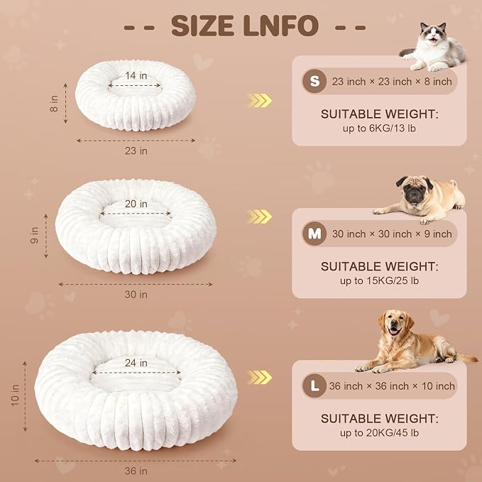 Donut Dog Bed for Small & Medium Dogs, Pet Bed with Non-Slip Bottom, Winter Comfort Dog Beds for Puppies, Washable & Portable Egg Tart Shape (M) Medium Dog Bed self Warming