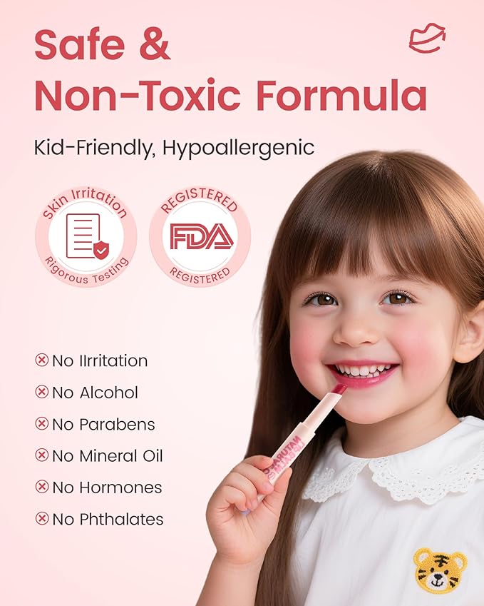 RUNBEN Kids Tinted Lip Balm, Strawberry-Scented Lipstick, 24H Moisturizing, Safe & Non-toxic Lip Gloss for Kids & Teen, Christmas Makeup Gift for Girls, 2g