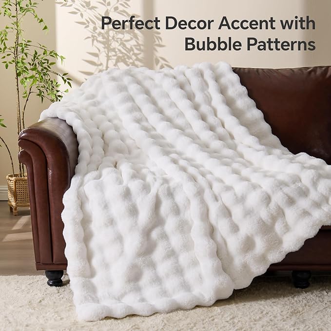 BEDELITE Faux Fur Throw Bubble Blanket for Couch, 60" x 80", White | 870GSM Soft Cozy Plush Blanket for Sofa & Bed Living Room Decor, Warm Fuzzy Faux Rabbit Fur for Women Gift, All Season Use