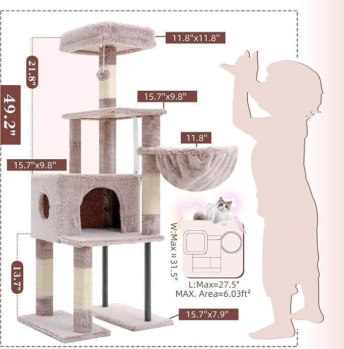 Heybly Cat Tree with Toy, 49.2 inch Cat Tower for Indoor Cats HCT200SMU | Spacious Cat House Condo with Hidden Space，Soft Plush Top Perch，Cozy Hammock and Sisal Scratching Posts, Rosy Brown